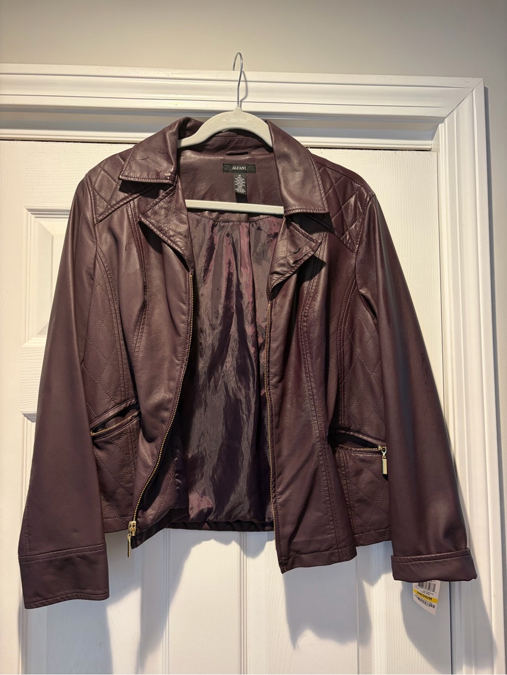 Alfani Plum Faux Leather Moto Jacket with Gold Hardware